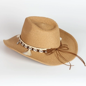 Straw western cowboy hat with seashell decor and tassels for summer beach vacation