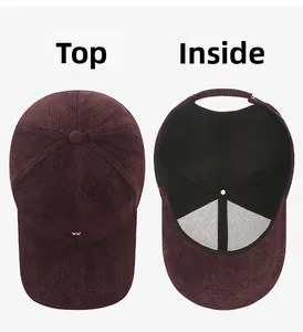 Top and interior view of a burgundy corduroy baseball cap with herringbone texture