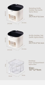 Detail view of rotating kitchen knife holder with integrated spice drawers and organizer