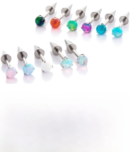 Detailansicht von F136 Titan-Opal-Ohrsteckern in verschiedenen Farben mit 1,2 mm und 1,0 mm Stab
