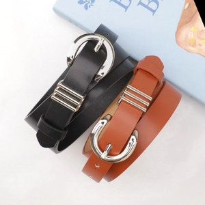 Minimalist black and brown leather belts for women with silver horseshoe metal buckles
