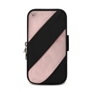 Pink and black striped sports arm bag for running with breathable fabric and zipper