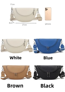 Detail of cross body crescent bag with size specs and four color options shown