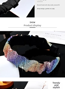Detail of colorful rhinestone headband with non-slip comb teeth and rainbow gradient