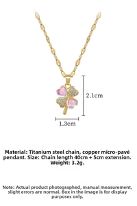 Detailed dimensions of gold clover necklace with zircon inlay and pink heart stones