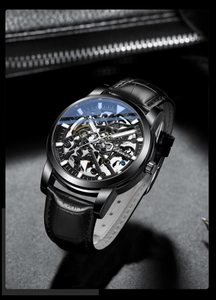 Detailed macro shot of skeleton automatic mechanical watch dial with visible gears