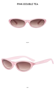 Front and side view of pink cat eye sunglasses with gradient tea lenses and specs