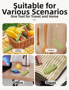 Folding fruit peeler in green showing portable design and lanyard for camping use