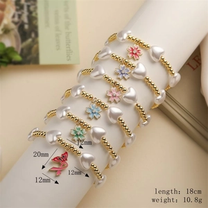 Detail of 6-piece stretch bracelet set with colorful enamel flowers and pearl beads