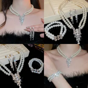 French Retro Elegant Faux Artificial Pearl Rhinestone Double Layer Necklace Long Tassel Earrings And Bracelet With Silver Earring Post