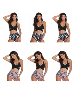 Detail view of high waist bikini sets featuring polka dot and tropical palm leaf prints
