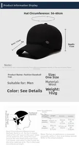 Detailed size chart for men wool baseball cap with brim depth and circumference guide