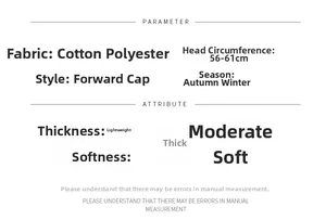 Detailed chart showing cotton-polyester beret fabric, size 56-61cm, and autumn specifications