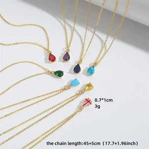 Minimalist gold chain necklace with colorful pear-cut water drop glass crystal pendants