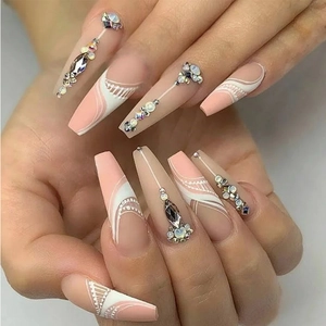 Long Ballerina Press On Nails Nude Pink Fake Nails With White Swirl Lines And Rhinestones For Women Manicure Art