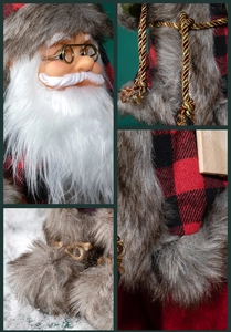 Macro details of Santa Claus figurine showing red plaid fabric and white beard