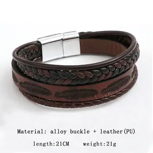 Multilayer braided leather bracelet for men featuring a metal alloy clasp and feather textures
