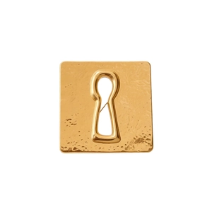 Vintage style gold square brooch featuring a keyhole design and hammered metal texture