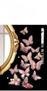 Detailed PET butterfly stickers with laser gold finish on a vintage black background