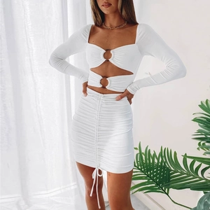 Damen Sexy Quadratischer Ausschnitt Langarm Cutout Bodycon Minikleid Metallring Gerafft Kordelzug Mode Streetwear Weiß
