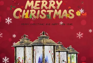 Close-up of vintage bronze Christmas lanterns with festive Santa and snowman illustrations