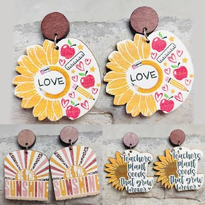 Wood Dangle Earrings With Steel Earring Post Sunflower Pencil Pattern Teacher Appreciation Gifts School Jewelry For Women