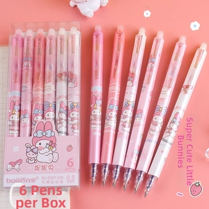 Close-up of 0.5mm erasable gel pens with cute pink cartoon rabbit designs in a pack of six