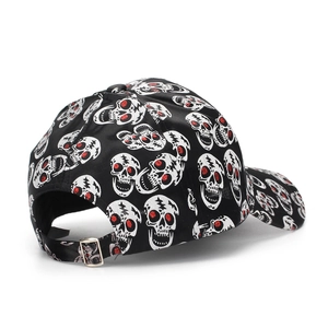 Skull print baseball cap with red glitter eyes and adjustable metal buckle