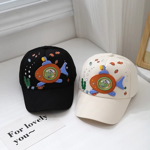 Kids dinosaur submarine baseball caps in black and beige, cotton fabric sun hats