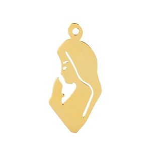 Macro detail of golden stainless steel pendant with praying girl silhouette design