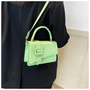 Detail showing mint green crossbody bag with top handle and matching square buckle