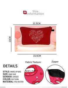 Detailed view of polyester makeup bag showing heart patterns and zipper dimensions
