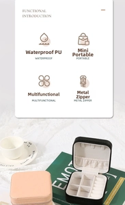 Macro detail of mini portable PU leather jewelry box showing interior ring slots