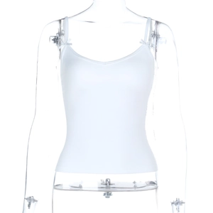 Detailed close-up of white slim fit camisole top featuring delicate bow strap accents