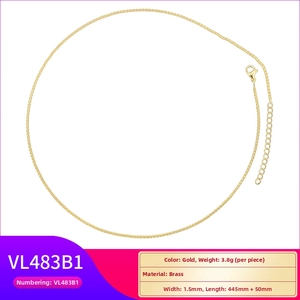 Detailed technical drawing of a 1.5mm gold brass necklace with dimensions and lobster clasp