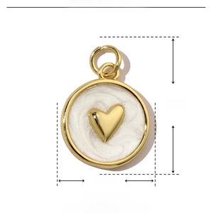 Detail of round heart pendant with white enamel and gold plating dimensions 15x21mm