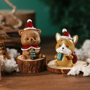 Miniature resin Christmas figurines featuring cute bear and corgi with festive hats