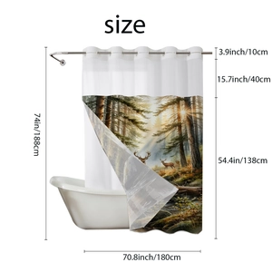 Detail of waffle weave shower curtain with forest elk print and silver metal hooks