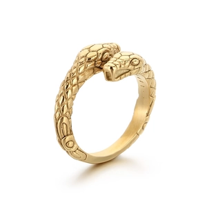 Vintage gold snake-shaped stainless steel open ring featuring dual head and scale details
