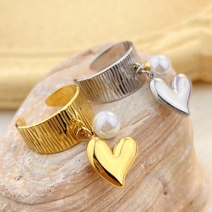 Bague Ouverte À Charme Cœur Et Künstliche Perle Acier Inoxydable Texture Verticale Design De Niche Minimaliste Bijoux De Doigt Réglables Femmes