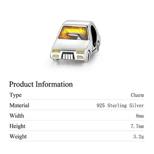 925 Sterling Silver car charm with yellow enamel for DIY bracelets, size 8mm x 7.7mm
