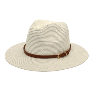 Breathable white straw panama hat with brown leather belt and golden buckle