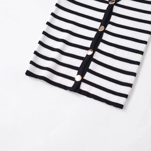 Chic V-neck sleeveless knit cardigan vest with black and white stripes and gold buttons
