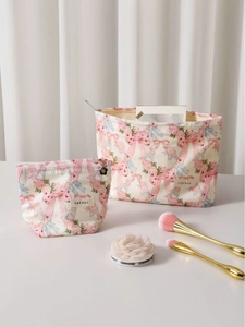 Pink floral bow cotton makeup bag set with large capacity storage for skincare