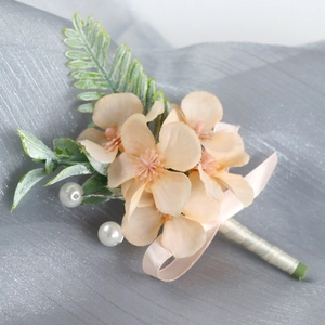 Elegant apricot artificial hydrangea boutonniere with green leaves and white pearls