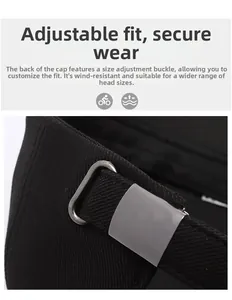 Detail of adjustable metal buckle on black twill cotton baseball cap for custom fit