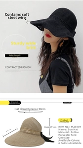 Detail showing foldable woven sun hat with adjustable wire brim and breathable texture