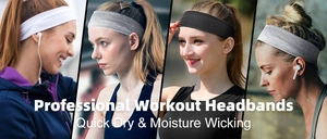 Multiple colors of elastic workout headbands shown on models for yoga and fitness