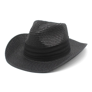 Detailed view of black woven straw fedora hat featuring classic triple-pleat band detail