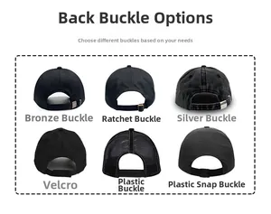Detail view of six different back buckle closure types for cotton baseball caps